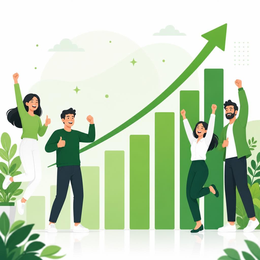 Illustration of business growth with happy customers around an upward graph