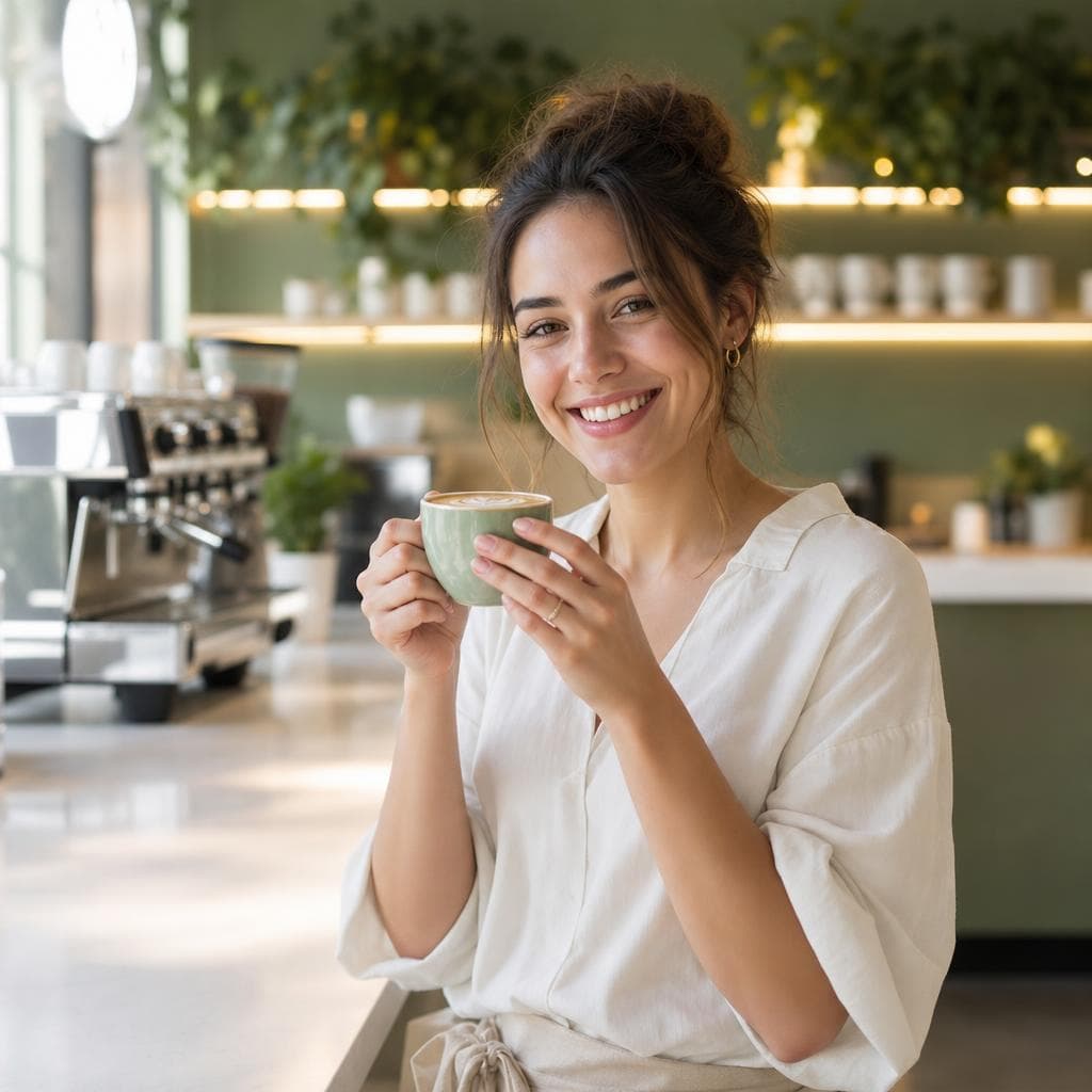 Happy customer holding a coffee in a modern café with soft green lighting