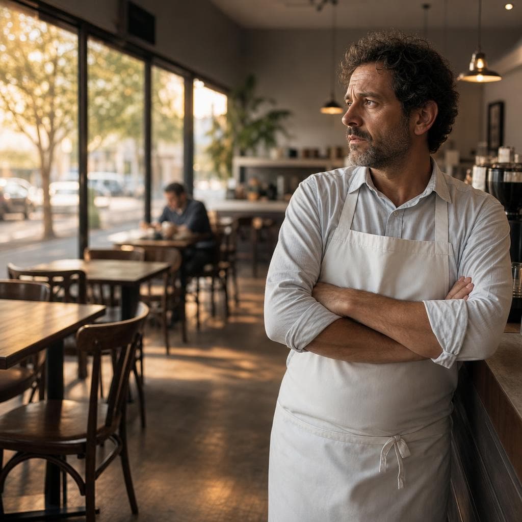 A café owner looking at an almost empty café