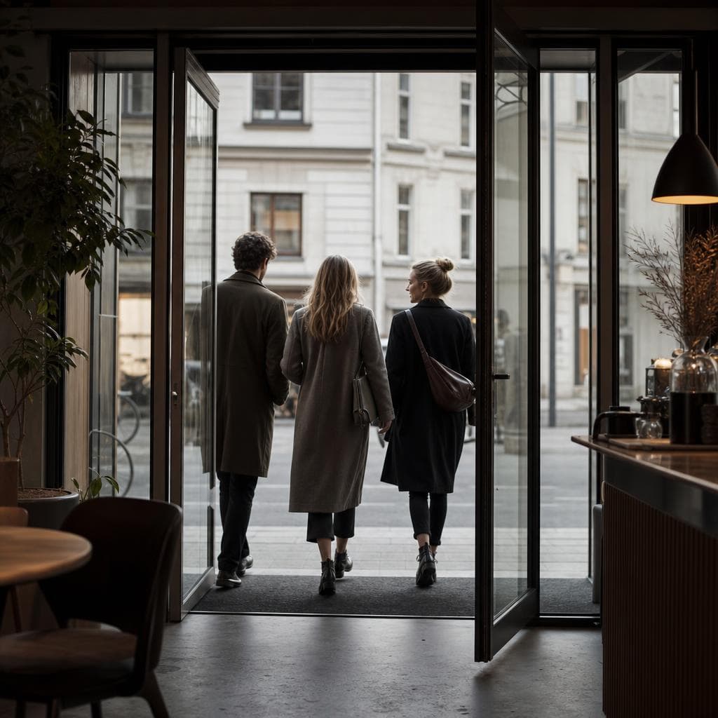 Three customers leaving a café through the front door