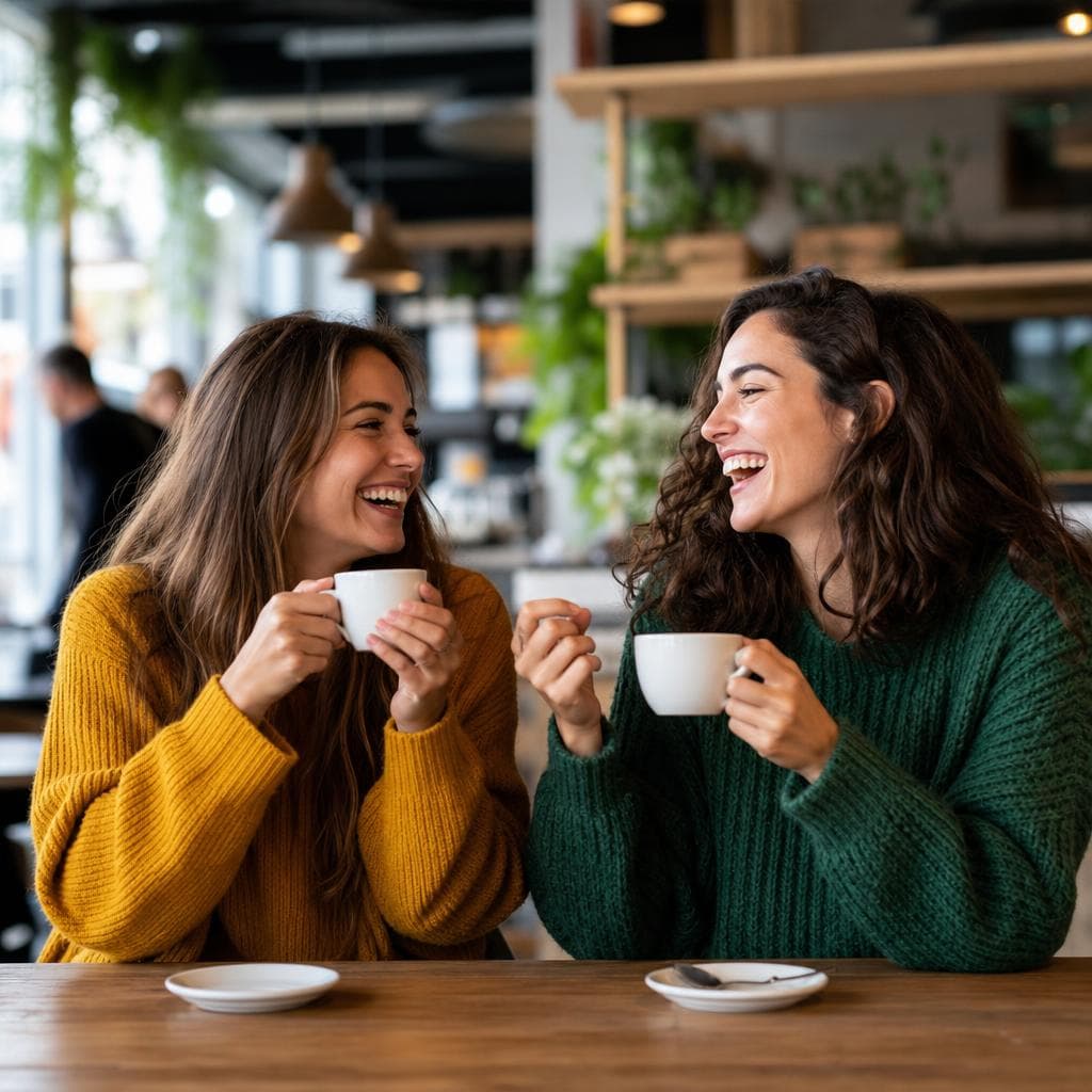 Happy friends drinking coffee together