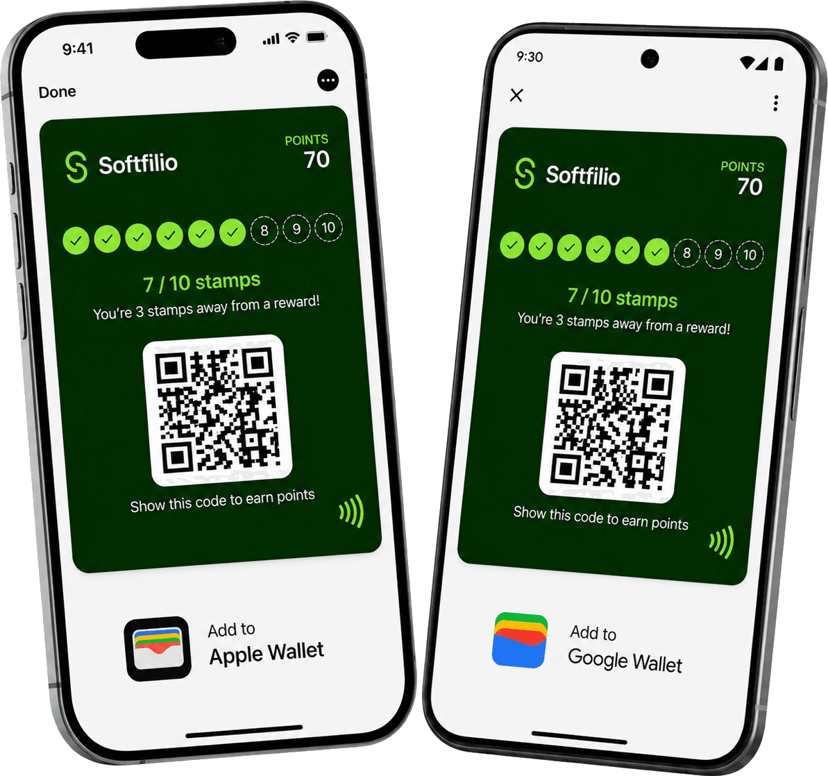 The Softfilio loyalty card shown in Apple Wallet and Google Wallet